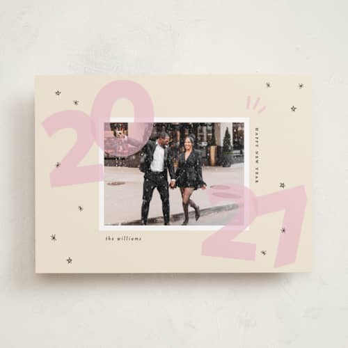 This is a blush new year photo cards with standard by Ashley Iwafuchi called bold beginning printing on recycled smooth signature in standard