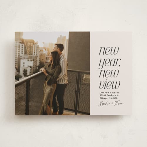 This is a vanilla new year photo cards with standard by Lea Delaveris called new view printing on recycled smooth signature in standard