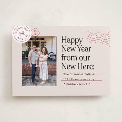 This is a cranberry new year photo cards with standard by Shari Margolin called new here printing on recycled smooth signature in standard