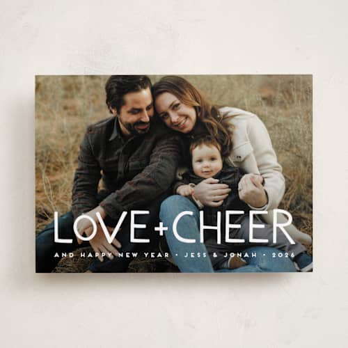 This is a snowflake new year photo cards with standard by Snow and Ivy called love & cheer printing on recycled smooth signature in standard