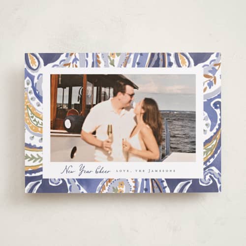 This is a marine new year photo cards with standard by Rebecca Durflinger called painterly paisley printing on recycled smooth signature in standard