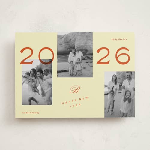 This is a buttercream new year photo cards with standard by Rachel Cassel called a bold year printing on recycled smooth signature in standard