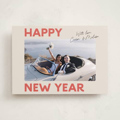 This is a candy cane new year photo cards with standard by Carmia C. called big and bold printing on recycled smooth signature in standard