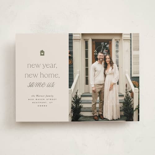 This is a sage new year photo cards with standard by Everett Paper Goods called new but same printing on recycled smooth signature in standard