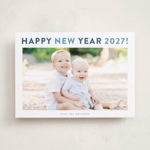 This is a aqua new year photo cards with standard by Carolyn MacLaren called happy colors printing on recycled smooth signature in standard