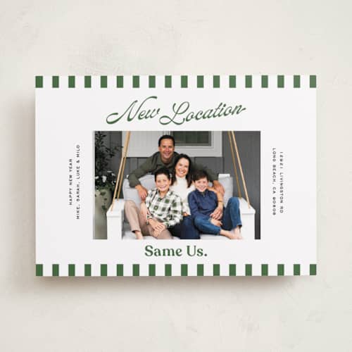 This is a spruce new year photo cards with standard by Owl and Toad called new location printing on recycled smooth signature in standard