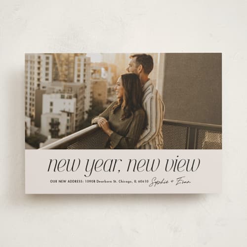 This is a vanilla new year photo cards with standard by Lea Delaveris called new view printing on recycled smooth signature in standard