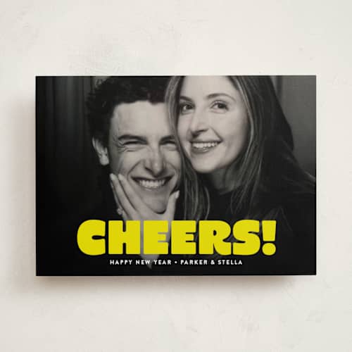 This is a neon yellow new year photo cards with standard by Susan Asbill called boldly printing on recycled smooth signature in standard