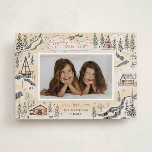 This is a eggnog holiday photo cards with standard by Becky Nimoy called snow and ivory winter scene printing on recycled smooth signature in standard