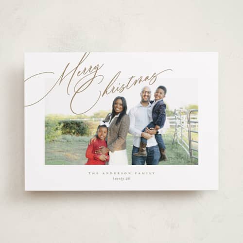 This is a golden holiday photo cards with standard by Jessica Williams called topper printing on recycled smooth signature in standard