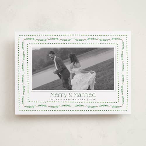 This is a elf shoes holiday photo cards with standard by Erika Firm called nostalgic ribbon border printing on recycled smooth signature in standard