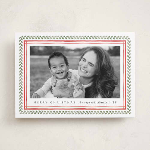 This is a snow holiday photo cards with standard by Amy Kross called blanket stitch printing on recycled smooth signature in standard