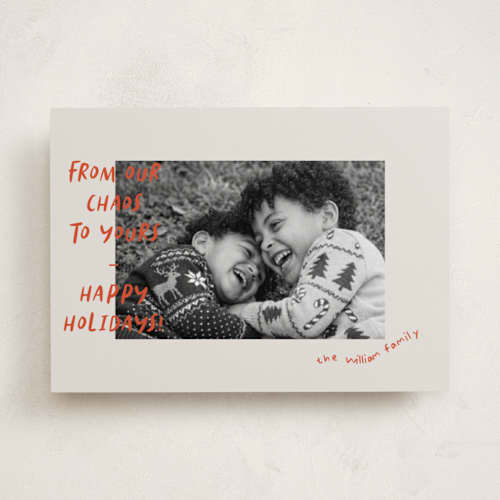 This is a crimson holiday photo cards with standard by Vera Lim called happy chaos printing on recycled smooth signature in standard