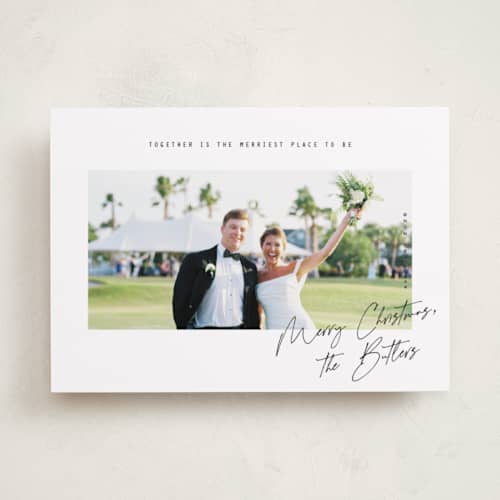 This is a snow holiday photo cards with standard by Orasie called merriest together printing on recycled smooth signature in standard