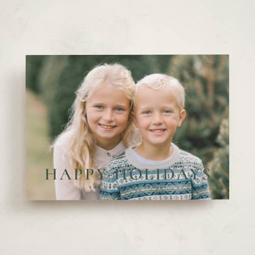 This is a balsam holiday photo cards with standard by Wildfield Paper Co called happy holidays! printing on recycled smooth signature in standard