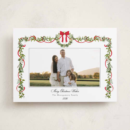 This is a candy cane holiday photo cards with standard by Susan Moyal called bows & ribbon printing on recycled smooth signature in standard