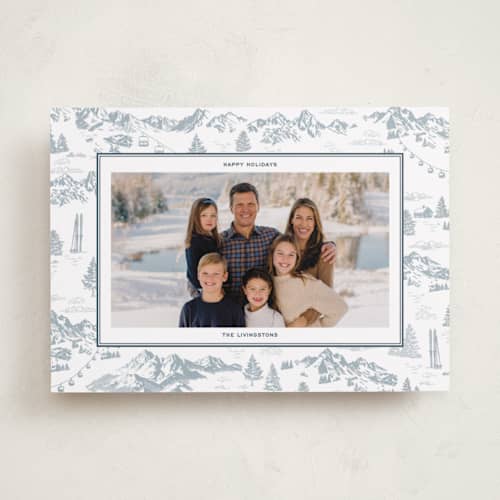 This is a powder holiday photo cards with standard by Jenna Holcomb called ski toile printing on recycled smooth signature in standard