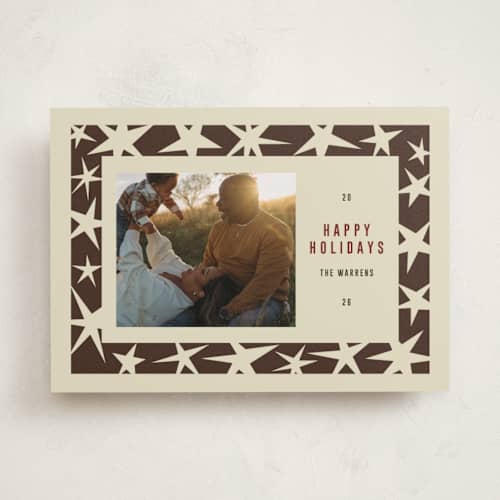 This is a almond holiday photo cards with standard by Angela Quan called star border printing on recycled smooth signature in standard