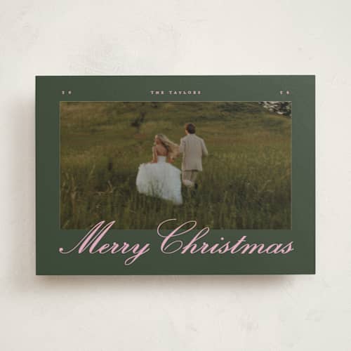 This is a pine holiday photo cards with standard by Christy Hy Lee called vintage scene printing on recycled smooth signature in standard