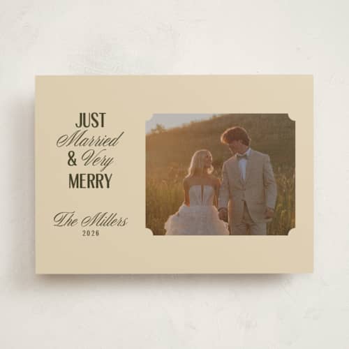 This is a ivory holiday photo cards with standard by Ana de Sousa called just married & merry printing on recycled smooth signature in standard
