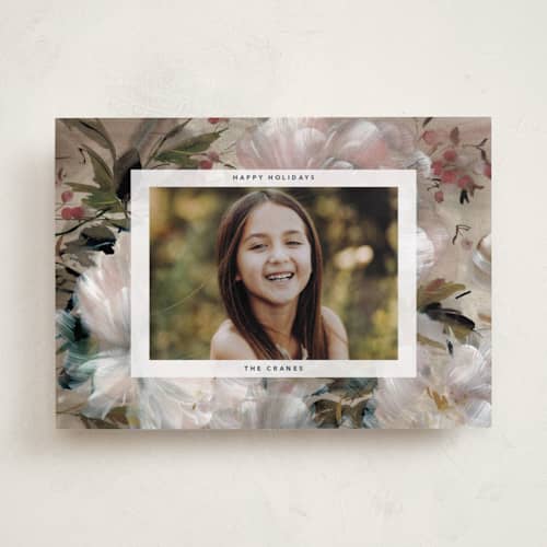 This is a blush holiday photo cards with standard by Kelly Ventura called winter peonies printing on recycled smooth signature in standard