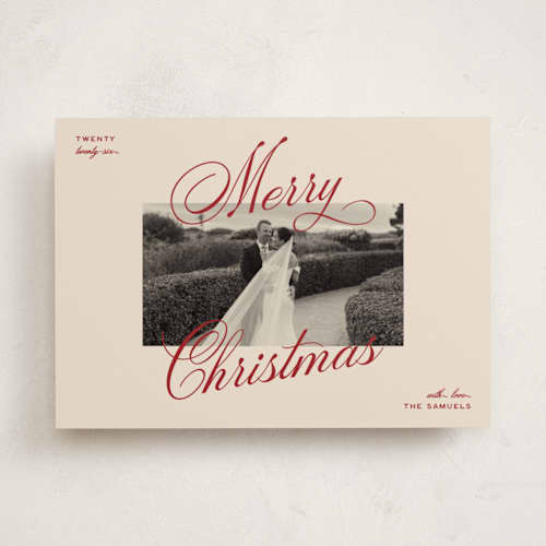 This is a burgundy holiday photo cards with standard by Ellen Schlegelmilch called vintage cinema printing on recycled smooth signature in standard