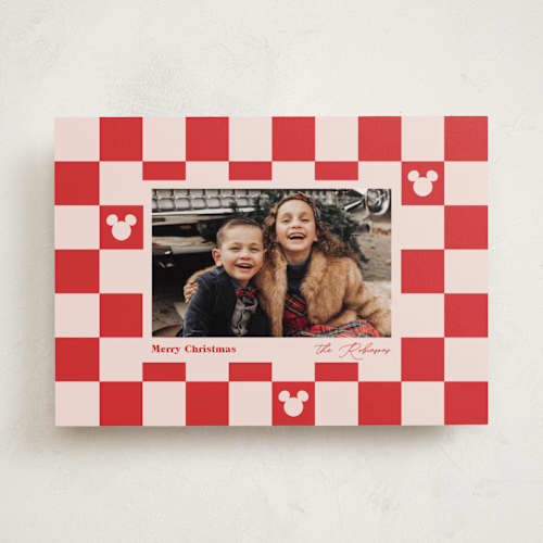 This is a minnie's bow holiday photo cards with standard by Carrie ONeal called disney mickey checkerboard printing on recycled smooth signature in standard