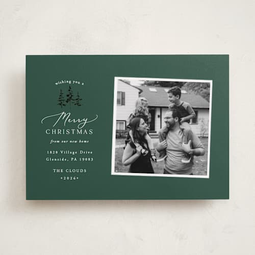 This is a forest holiday photo cards with standard by Everett Paper Goods called little pines printing on recycled smooth signature in standard
