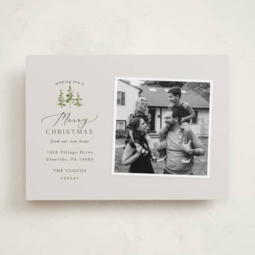 This is a slate holiday photo cards with standard by Everett Paper Goods called little pines printing on recycled smooth signature in standard