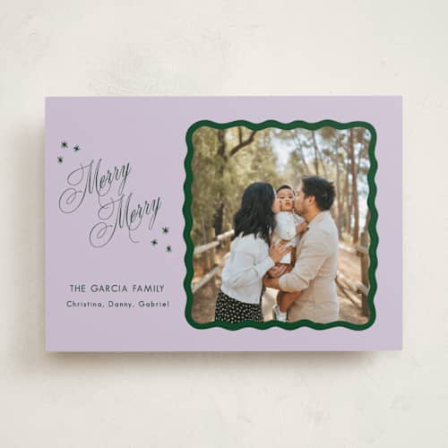 This is a sugar plum holiday photo cards with standard by Lauren Jopling called squiggle and stars printing on recycled smooth signature in standard