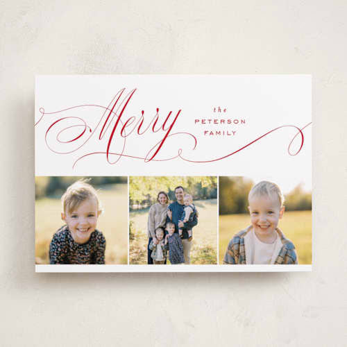 This is a cranberry holiday photo cards with standard by Janean Hinger called merrily printing on recycled smooth signature in standard