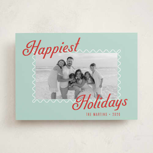 This is a seafoam holiday photo cards with standard by Olivia Raufman called happy on holiday printing on recycled smooth signature in standard