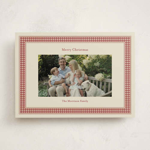 This is a cranberry holiday photo cards with standard by Ellen Schlegelmilch called gingham ribbon printing on recycled smooth signature in standard