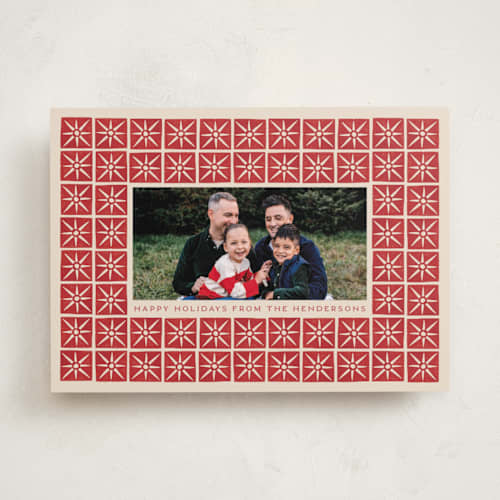 This is a poinsettia holiday photo cards with standard by Katharine Watson called stamped blocks printing on recycled smooth signature in standard