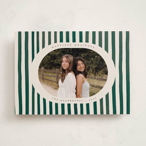 This is a pine needle holiday photo cards with standard by Teju Reval called vintage stripes printing on recycled smooth signature in standard