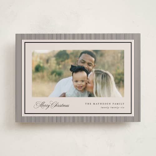 This is a linen holiday photo cards with standard by Kelly Schmidt called striped elegance printing on recycled smooth signature in standard