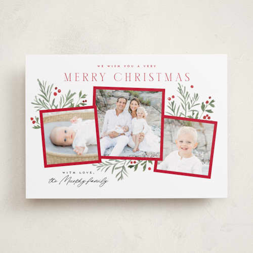 This is a peppermint holiday photo cards with standard by Everett Paper Goods called pine holly printing on recycled smooth signature in standard