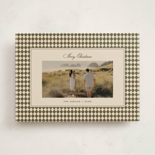 This is a olive holiday photo cards with standard by Ellen Schlegelmilch called mini argyle printing on recycled smooth signature in standard