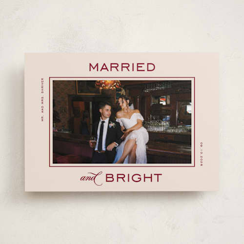 This is a eggnog holiday photo cards with standard by Creo Study called married and bright printing on recycled smooth signature in standard