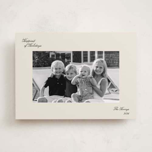 This is a graphite holiday photo cards with standard by Megan Davis called gimlet printing on recycled smooth signature in standard