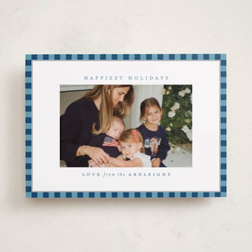 This is a navy holiday photo cards with standard by Kristie Kern called the charleston printing on recycled smooth signature in standard