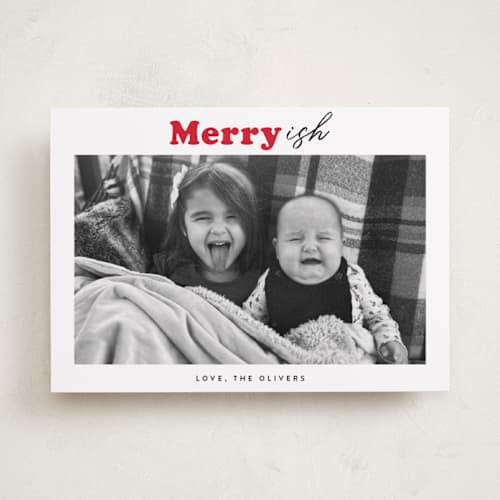 This is a holly holiday photo cards with standard by Carrie ONeal called festive-ish printing on recycled smooth signature in standard