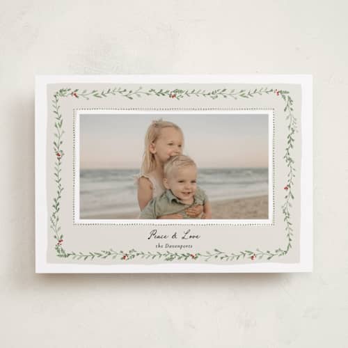 This is a pine holiday photo cards with standard by Susan Moyal called vine & dots printing on recycled smooth signature in standard