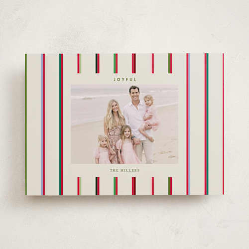 This is a champagne holiday photo cards with standard by Baumbirdy called colorful stripes printing on recycled smooth signature in standard