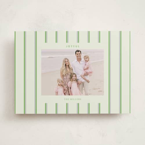 This is a mint holiday photo cards with standard by Baumbirdy called colorful stripes printing on recycled smooth signature in standard