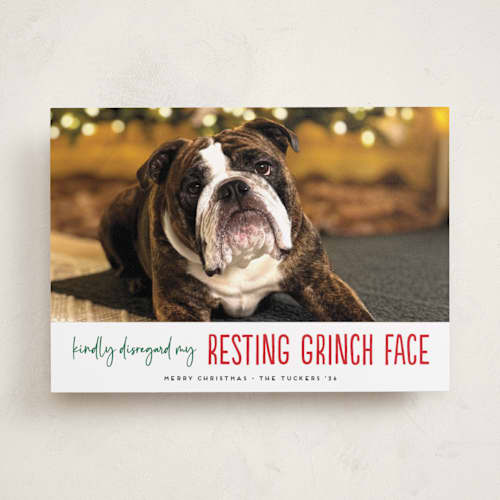 This is a snowball holiday photo cards with standard by Erica Krystek called grinch face printing on recycled smooth signature in standard