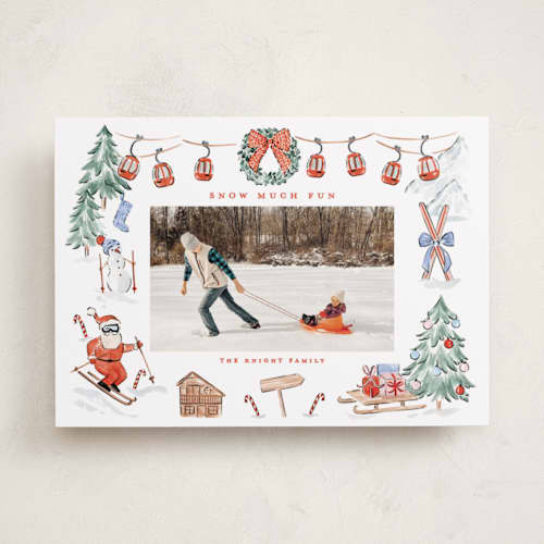 This is a santa suit holiday photo cards with standard by Sarah Knight called snow much fun printing on recycled smooth signature in standard