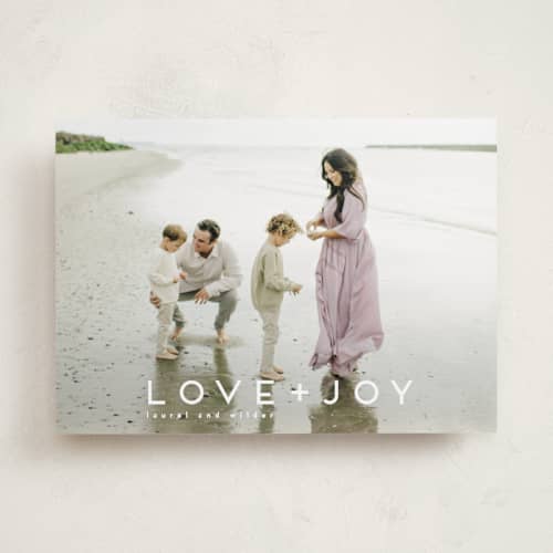 This is a snow holiday photo cards with standard by Kate Ross called love joy printing on recycled smooth signature in standard
