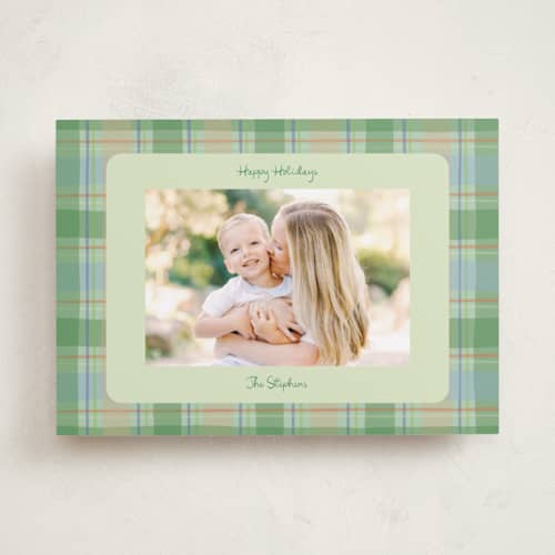 This is a pine holiday photo cards with standard by Lauren Jopling called painted holiday plaid printing on recycled smooth signature in standard