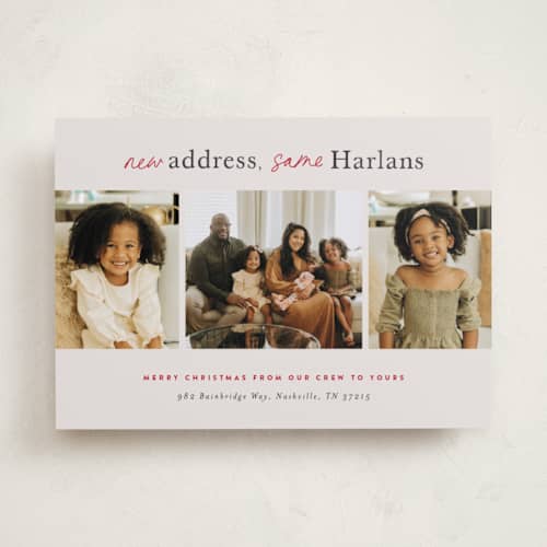 This is a taupe holiday photo cards with standard by Sara Hicks Malone called new address printing on recycled smooth signature in standard